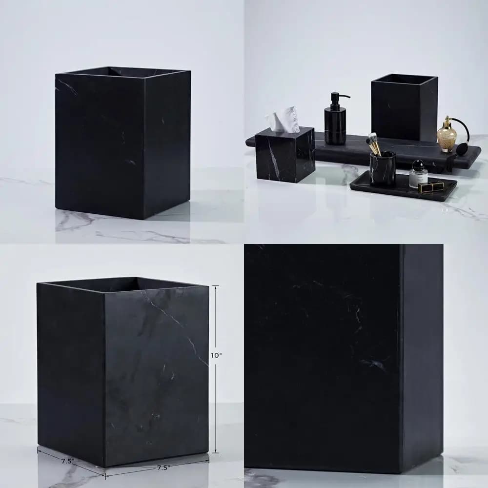 Cestino per Rifiuti in Marmo Nero per Bagno, Design Minimalista Chic, Elegante Contenitore per Rifiuti in Marmo Nero