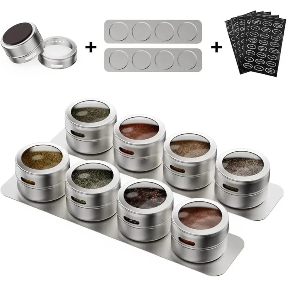 Set of 8 Magnetic Spice Tins with 2 Metal Wall-Plates, 100 Preprinted Seasoning Label Stickers, 2 Styles or 3 oz Herb Jars