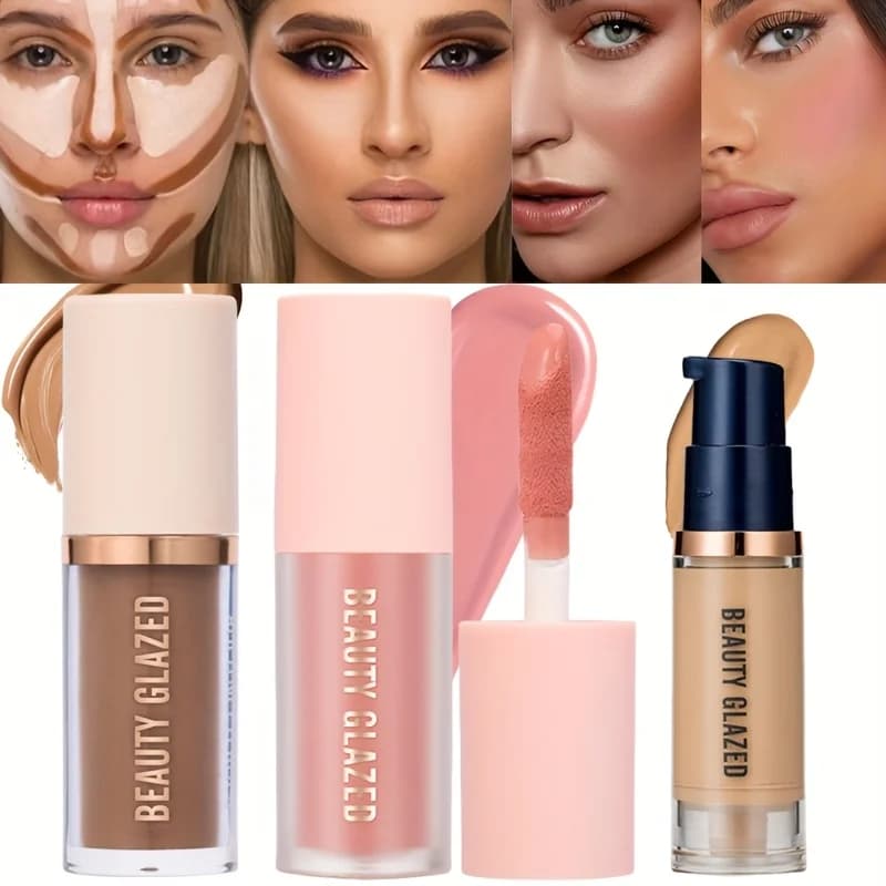 Set di trucco viso impermeabile a lunga durata, 3 pezzi/set, fard+contouring+fondotinta, texture fine, copre le imperfezioni, migliora i contorni