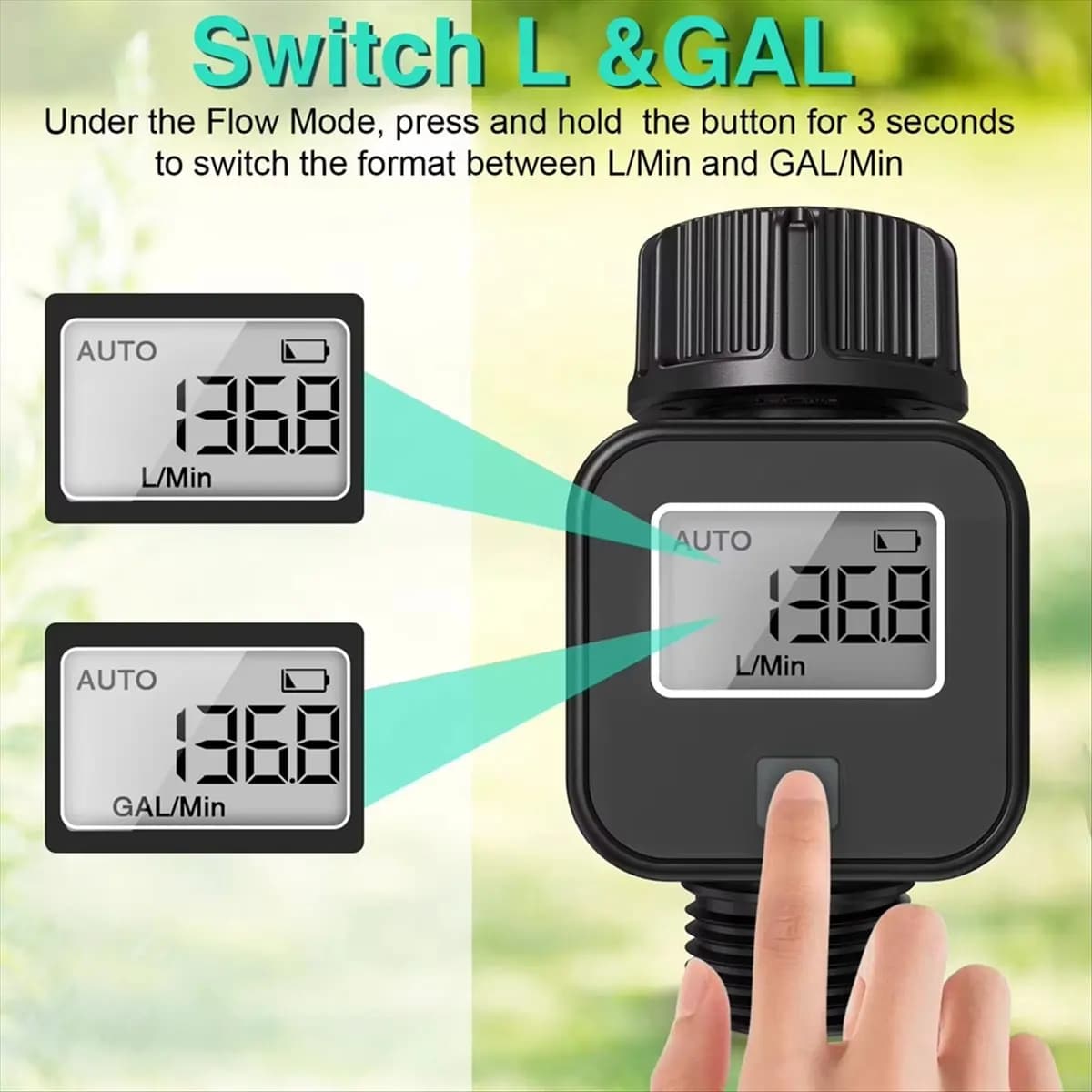 Digital LCD Water Counter Garden Irrigation Pipe Sensor Battery Powered 0.5-8 Bar GPM LPM Instant Use Recorder