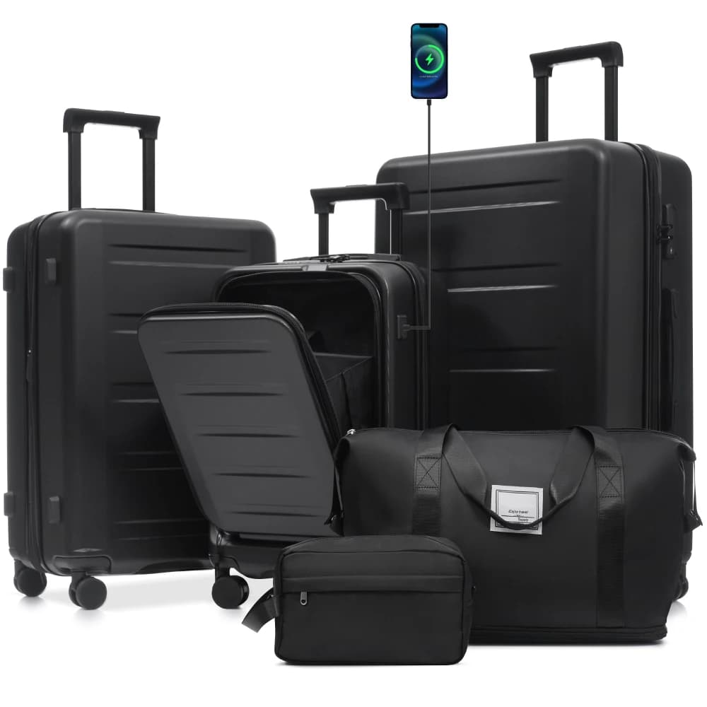 Set di 5 Valigie Rigide Espandibili con Apertura Frontale, Doppie Ruote Girevoli, Porta USB, Serratura TSA, 20/24/28 Pollici