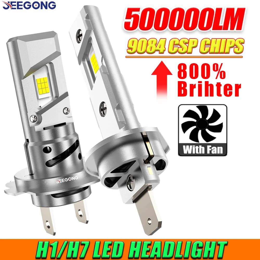 Lampadine LED H1 H7 CANBUS per Fari Auto, 500.000LM Super Luminose, Chip CSP 9084, Lampada Wireless per Auto 6000K Bianco Freddo con Ventola di Raffreddamento