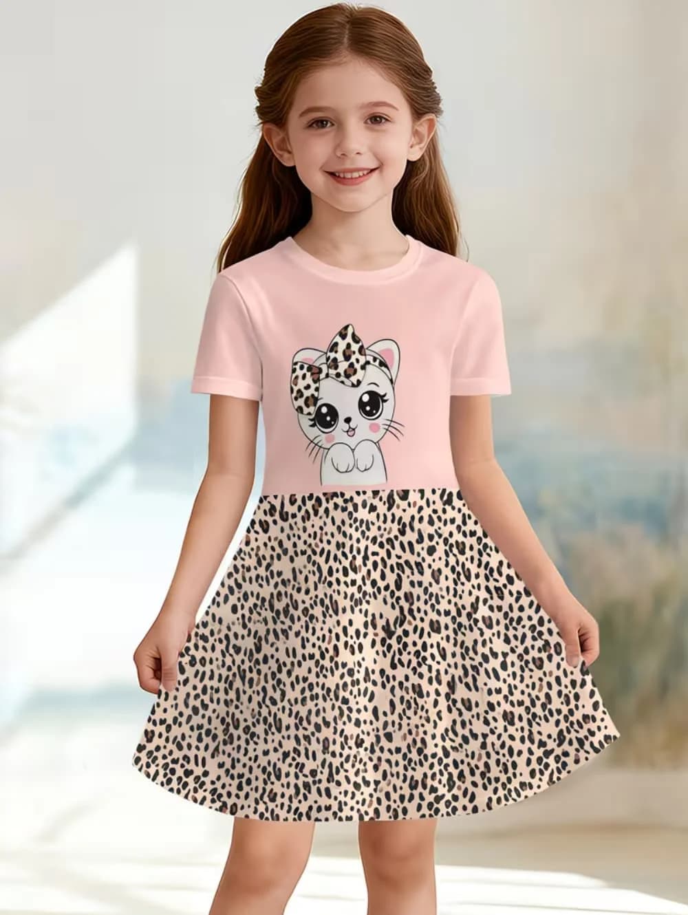 Girl's summer dress, fake two pieces, short sleeves, with floral skirt, casual, cute, with round neckline, t-shirt style, princess