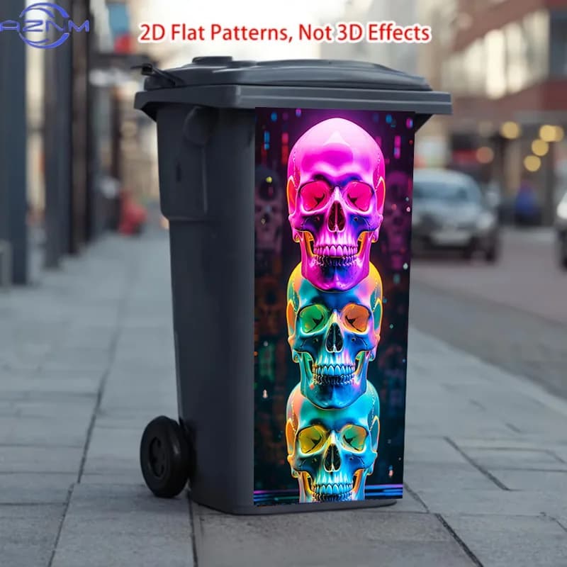 One Trash Can Sticker Measuring 37*82cm / 14.57*32.28 Inches, Featuring a Neon Skull Tower Pattern Design. This Matte Surface