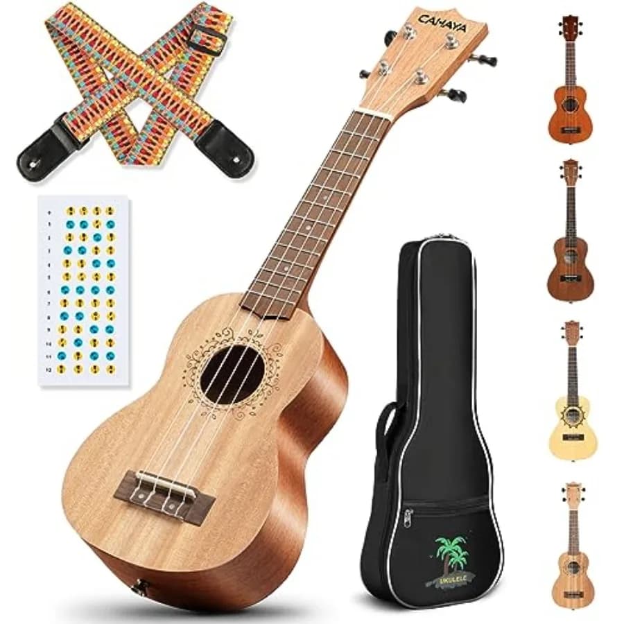 Ukulele Soprano in Mogano da 21 Pollici per Principianti con Borsa da Trasporto, Tracolla Arcobaleno e Adesivi per Tastiera, per Adulti Professionisti, Stile Hawaiano