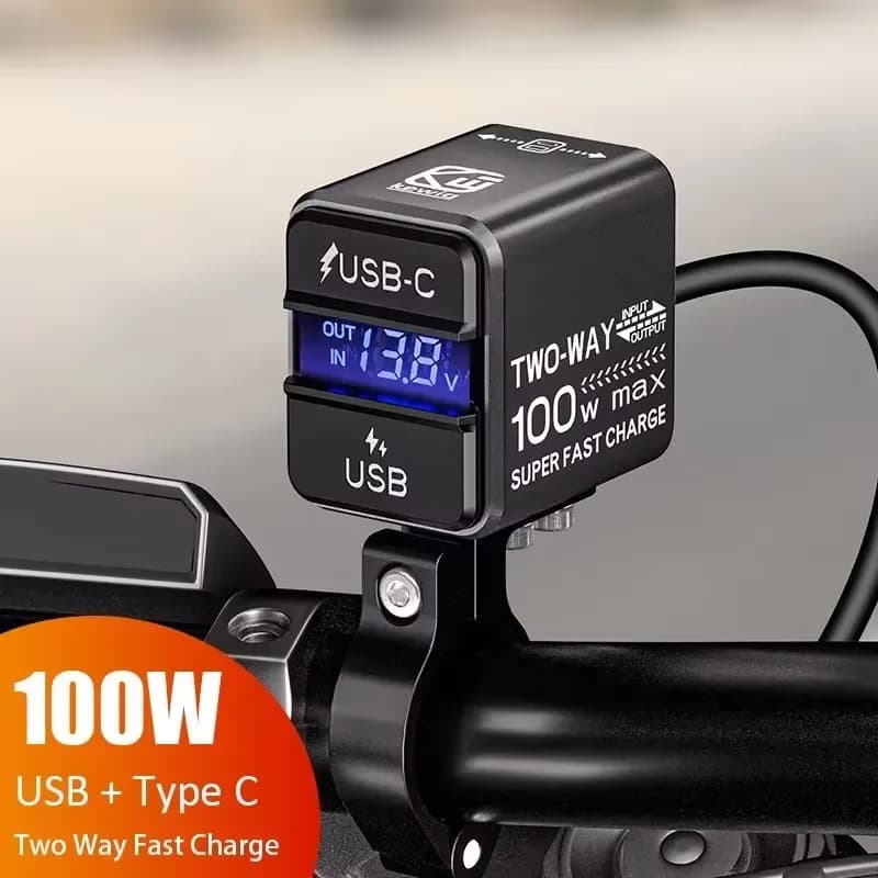 USB Charger for Motorcycle 100W Super Fast Emergency Rechargeable PD and QC3.0 Battery charger and voltmeter for iPhone