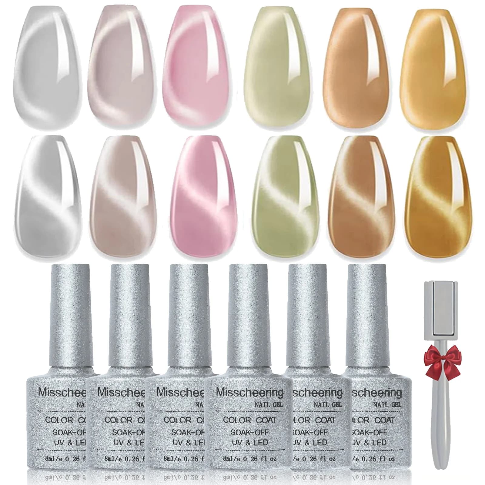 Set di 6 Smalti Gel Effetto Occhio di Gatto, Stesso Colore Stessa Bottiglia 8ml, Glitter Scintillante con Magnete, Unghie UV Magnetiche Riflettenti Olografiche