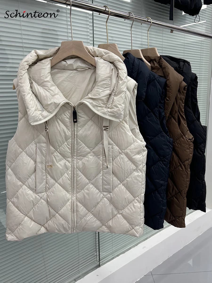 Schinteon Donna 90% Piumino d'anatra bianco con cappuccio Giacca casual senza maniche Argyle Semplice alla moda Autunno Inverno Slim Top Nuovo