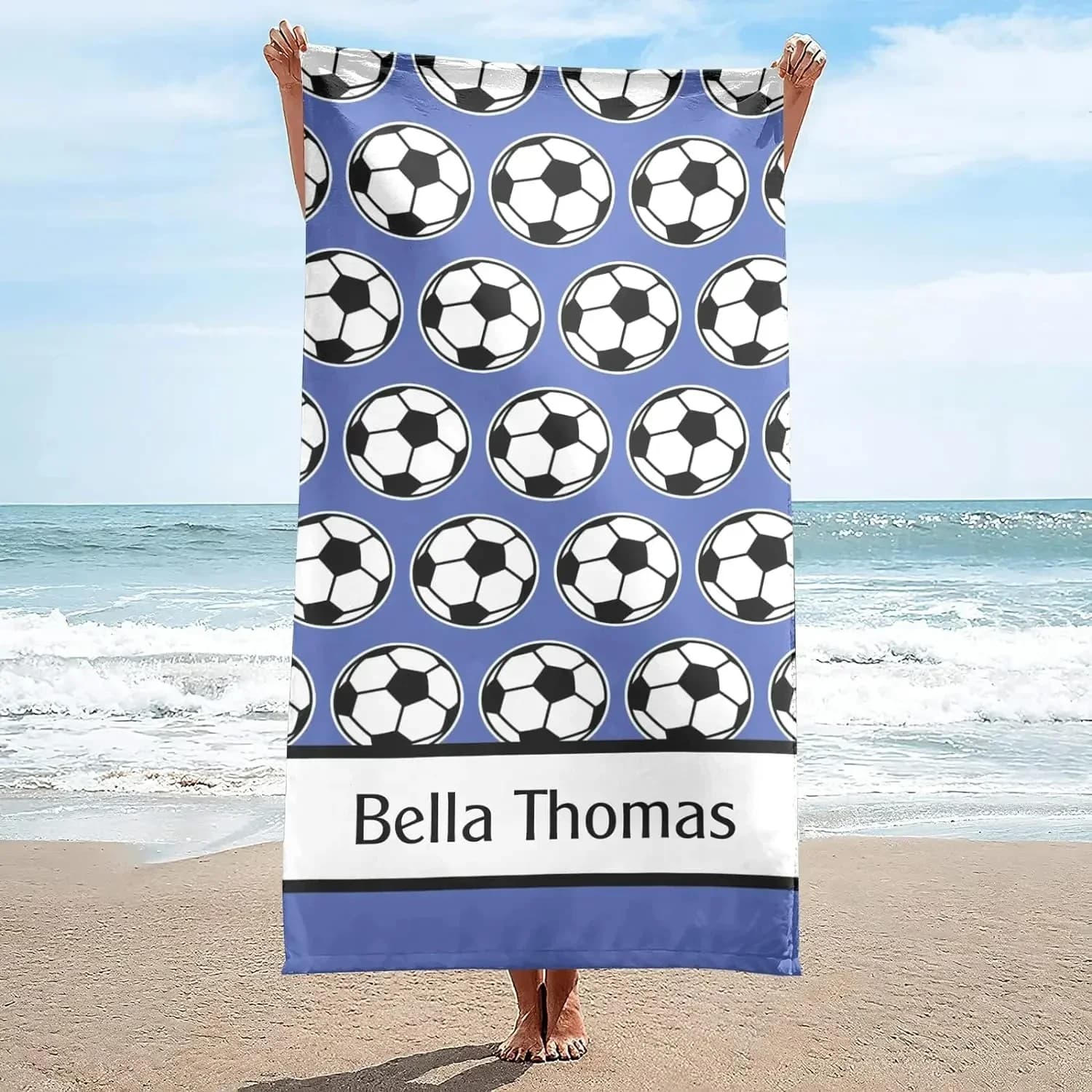 Nome personalizzato Asciugamano da spiaggia personalizzato per calcio Tema sportivo Asciugamano con testo personalizzato per bambini adulti per viaggi, nuoto, sport da palestra