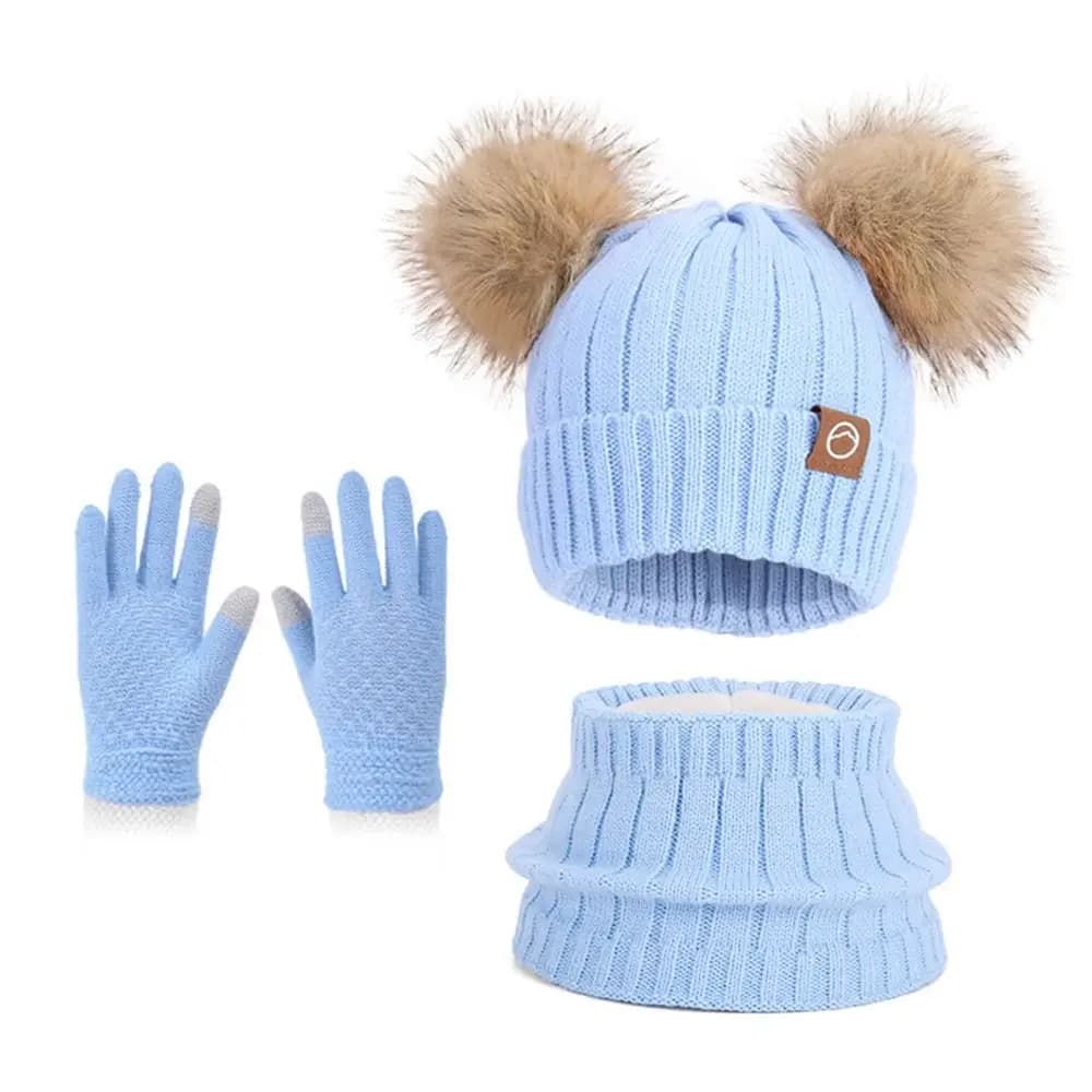 Guanti sciarpa cappello invernale caldo alla moda Set cappelli lavorati a maglia con pompon addensati antivento Cofano morbido per bambini