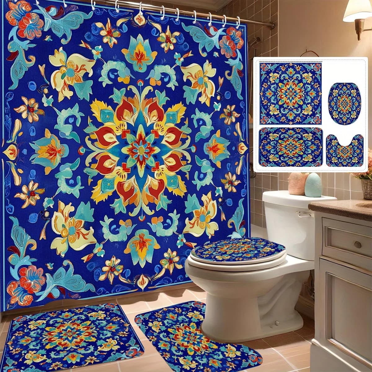 Set tenda da doccia 4 pezzi, elegante motivo floreale blu, arredamento moderno per il bagno, include 12 ganci, tappetino da bagno antiscivolo, a forma di U