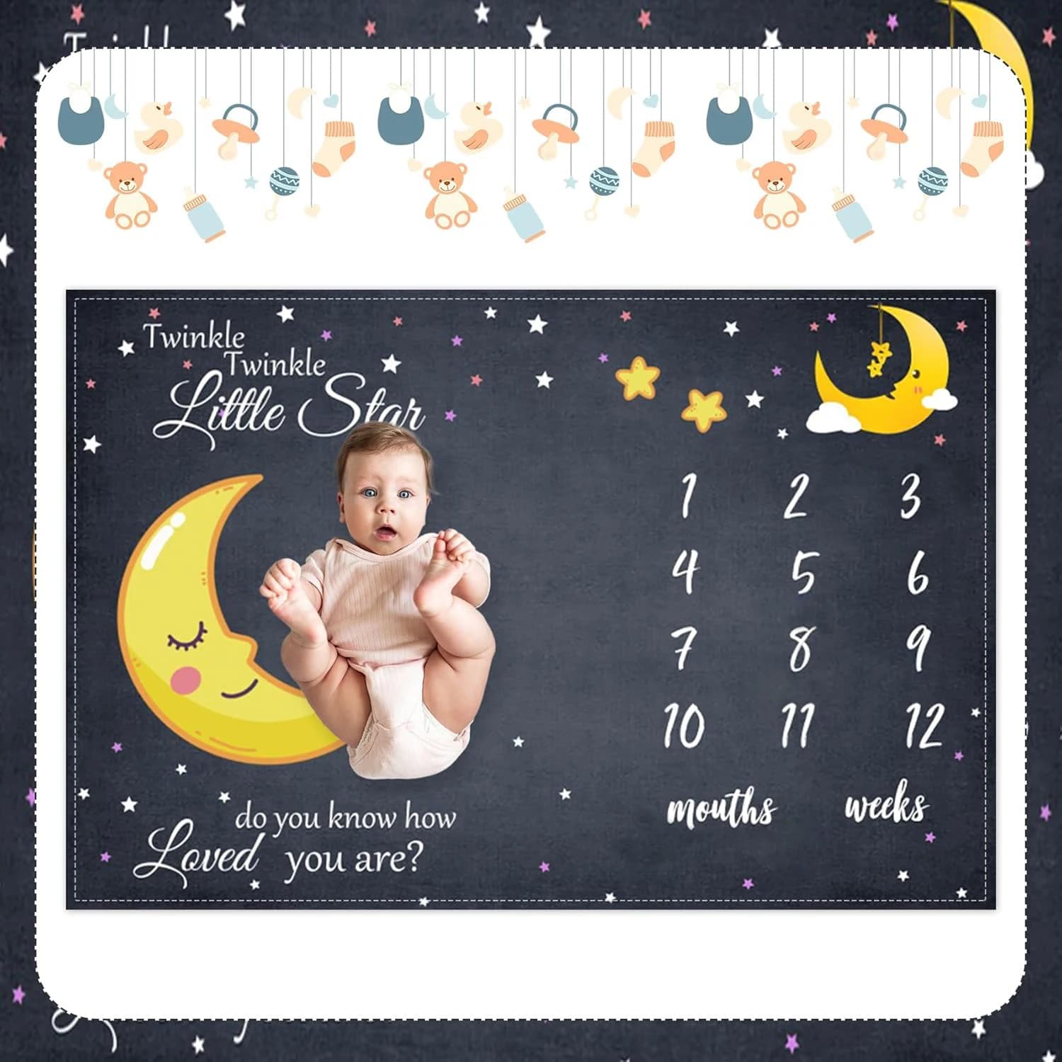 Coperta per traguardi per bambini Coperta per il mese del neonato con cielo stellato Coperta per fotografia per neonato con stella e luna