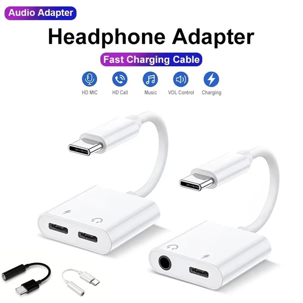 Adattatore OTG 2-in-1 per iPhone 16 15 14 Pro Max, da USB-C a jack da 3,5 mm, cavo di ricarica Type-C, connettore per cuffie cablate da 3,5 mm.