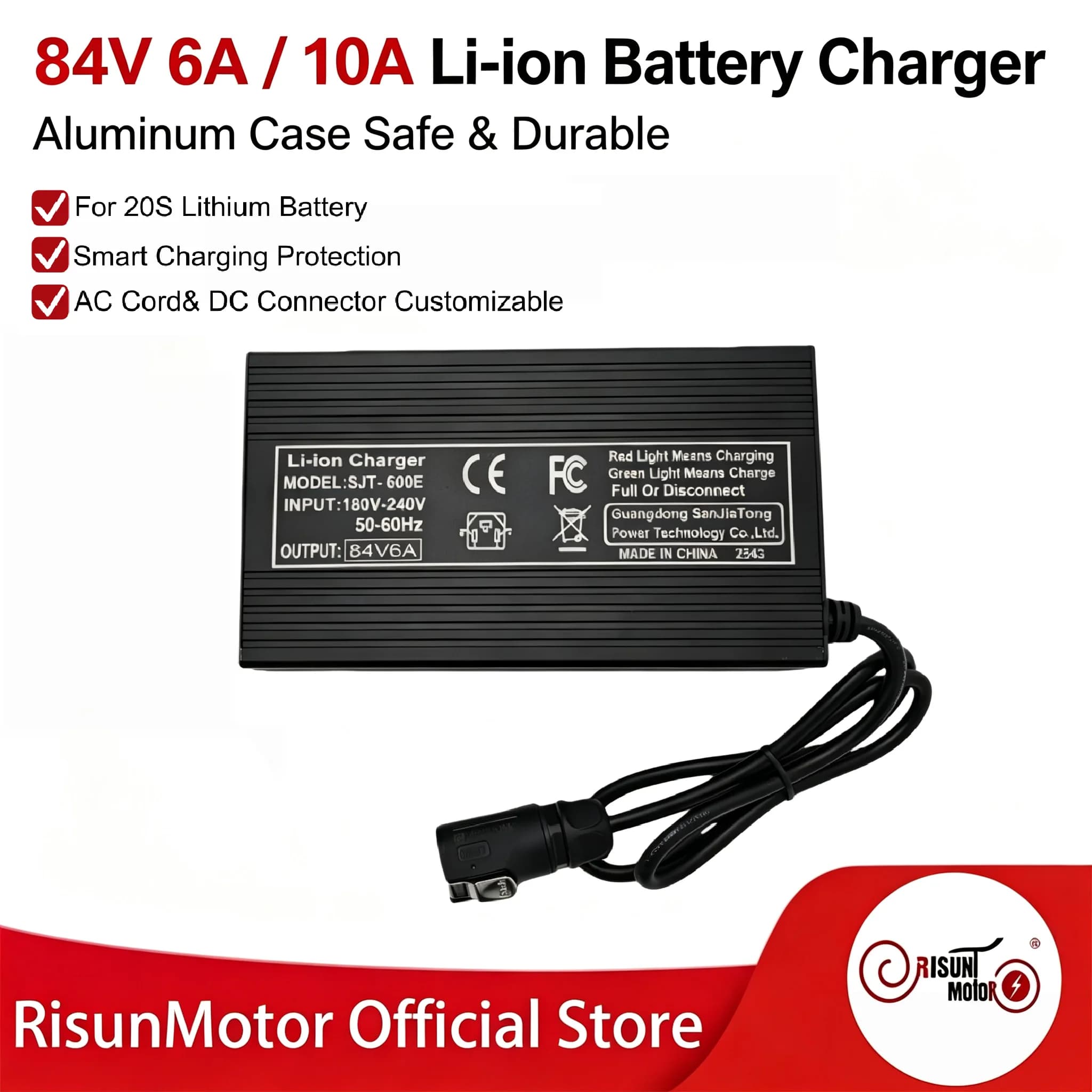 84V 6A/10A Lithium Battery Charger Aluminum Case Smart Charger For 20S 72V E-bike Li-ion Battery With Linko P-20 Male Plug
