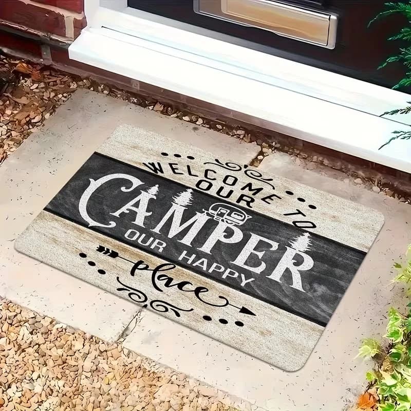 Unique flannel mat, welcome to our Happy Camper World, durable and non-slip, suitable for campers and camping mats.
