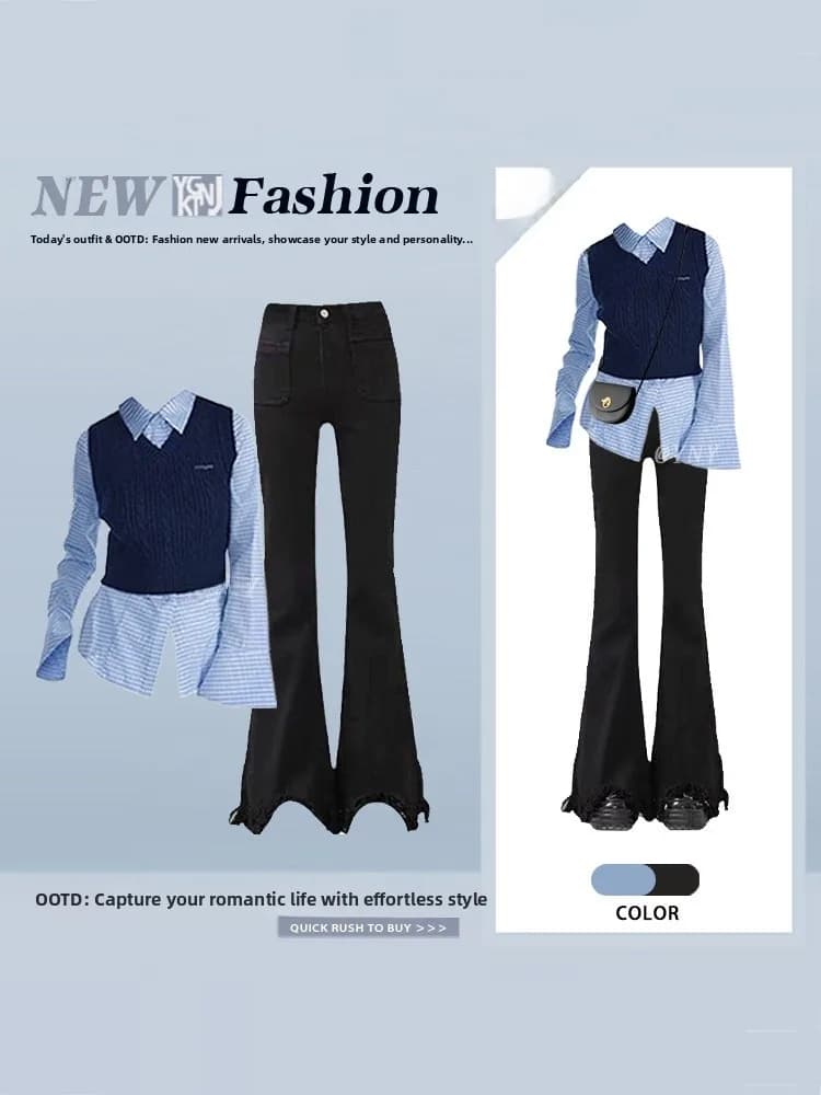 Set Moda Primaverile Stile Coreano: Camicia a Quadri Blu, Gilet Lavorato a Maglia, Jeans a Zampa, Vita Alta, Manica Lunga, Colletto, Tre Pezzi