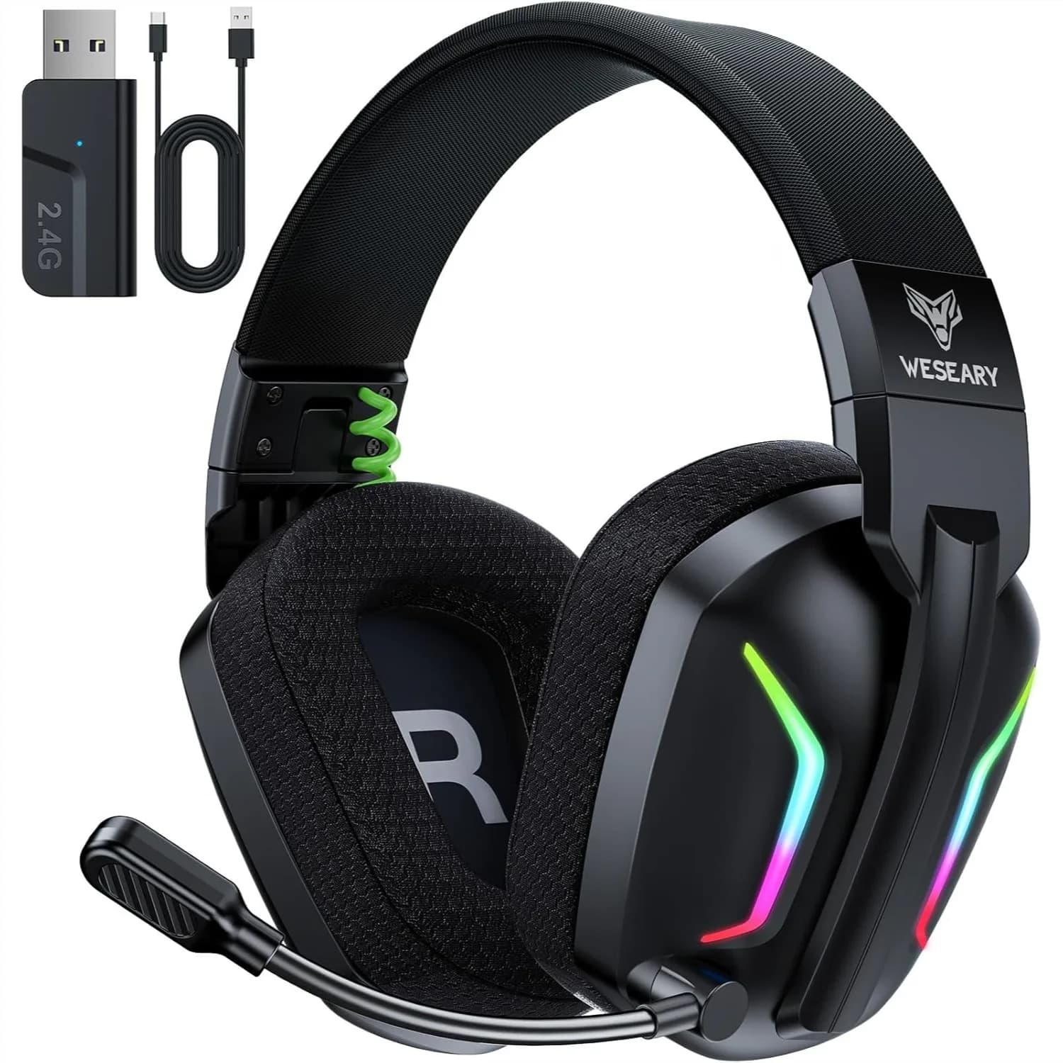 Cuffie da Gaming Wireless per PC PS5 PS4 Switch Mac 2.4GHz con Microfono ENC a Cancellazione del Rumore, Bluetooth 5.4, Illuminazione Cool, Batteria 50H, Driver da 50mm