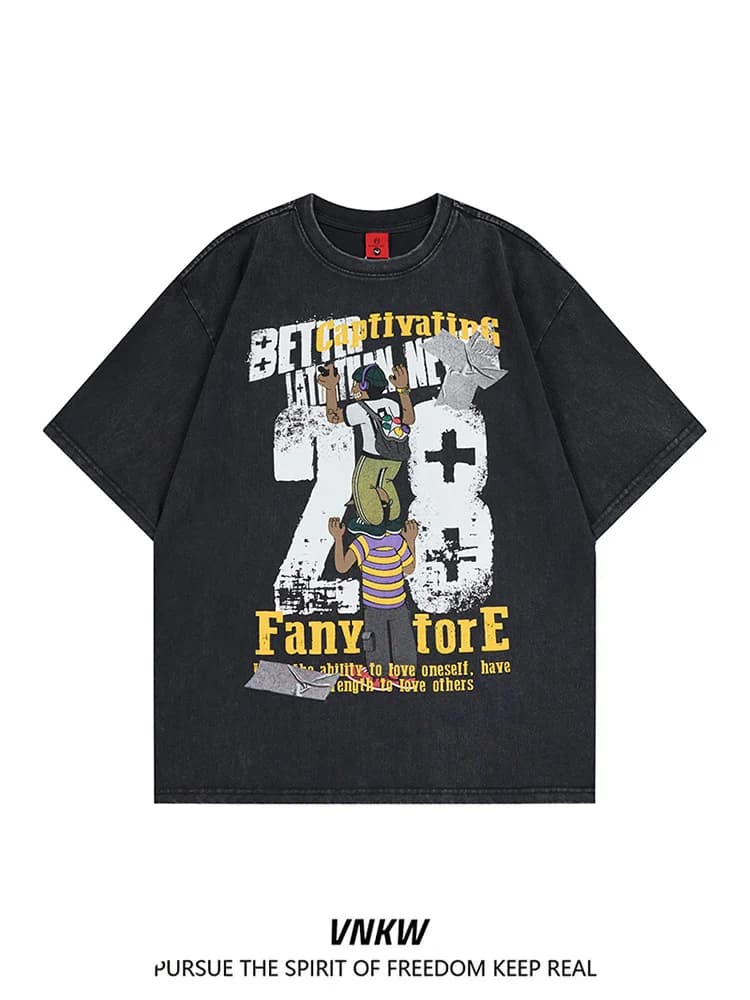 Retro American Cartoon Letter Pattern Printed Short Sleeve round Neck T-Shirt Unisex Loose Fit Versatile Couple Tops Cotton Y...