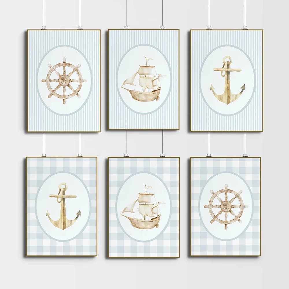 1pc frameless Canvas Painting Watercolor Nursery Nautical Ocean Boat Anchor Blue Striped Poster Prints,canvas Painting for Boy R