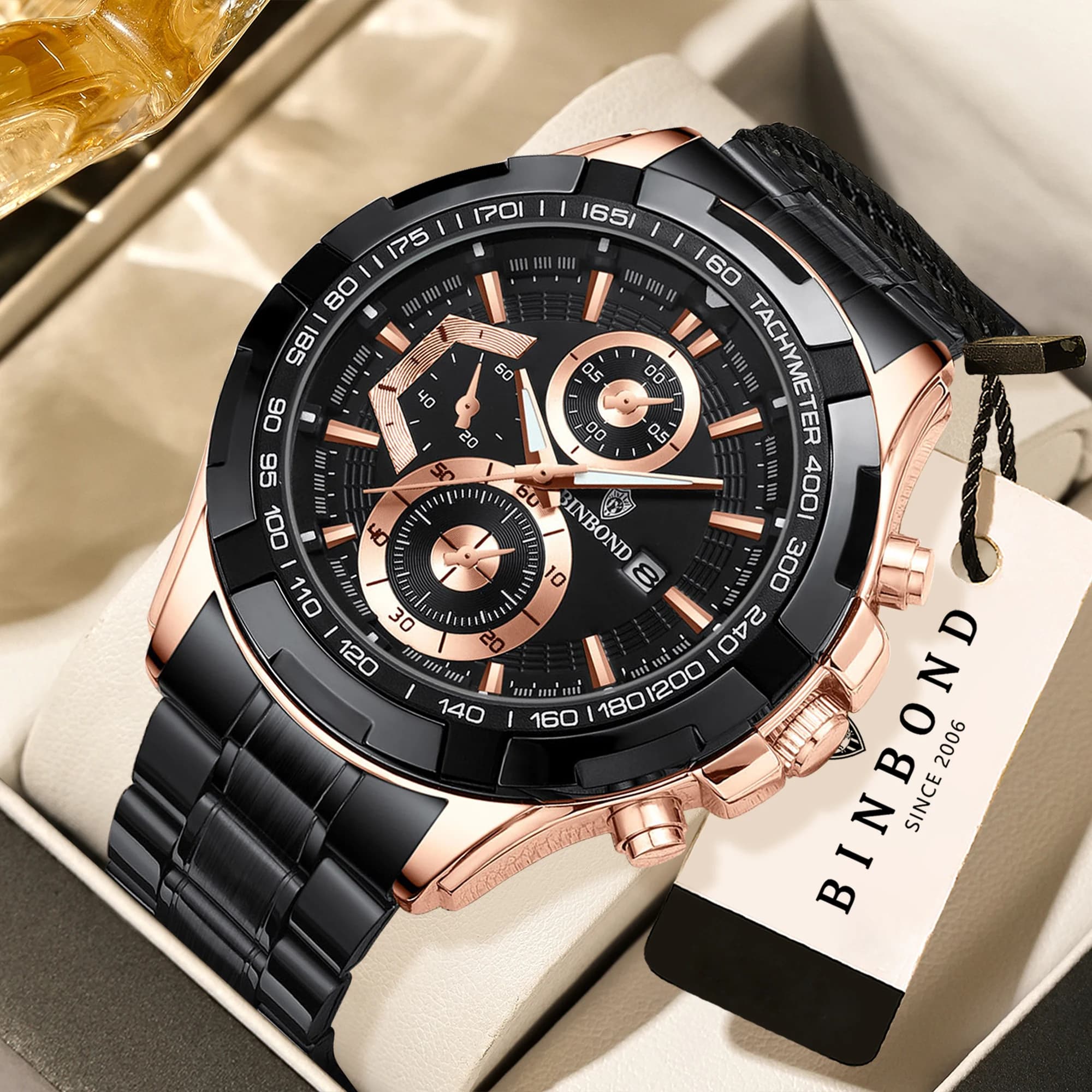 Orologio da uomo BINBOND con data automatica, orologio al quarzo di lusso, luminoso, impermeabile, resistente, con cinturino in acciaio inossidabile.