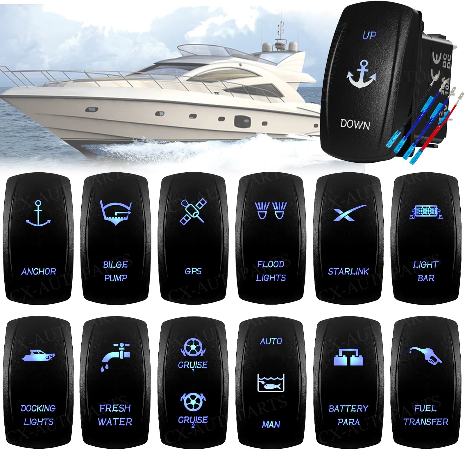 Interruttore a bilanciere di grado marino IP66 ON-OFF / ON-OFF-ON momentaneo 12-24V per Trim Tabs di barche da pesca, sistema di ancoraggio e vasca dell'acqua dolce