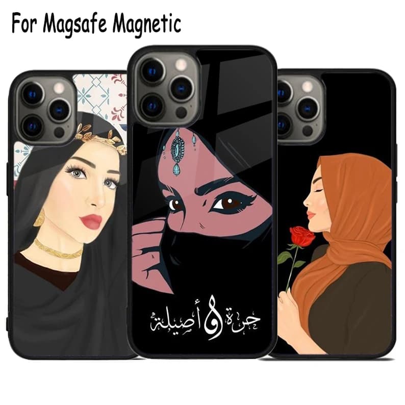 Custodia per telefono wireless con design ragazza islamica araba in hijab per iPhone 17 Air 15 16 16e 14 13 11 12 Pro Max Plus, cover magnetica Magsafe con bumper