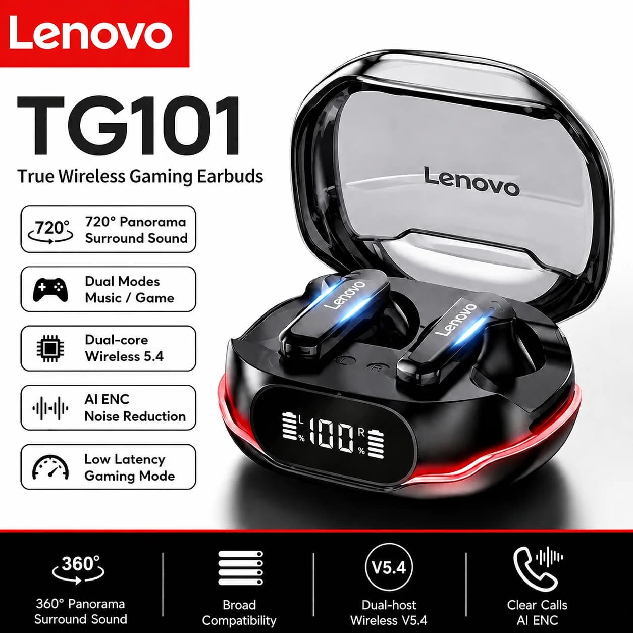 Lenovo New TG101 Bluetooth 5.3 True Wireless Earbuds ENC In-Ear Buds Earphones Low Latency Headphones for Gaming Long Endurance