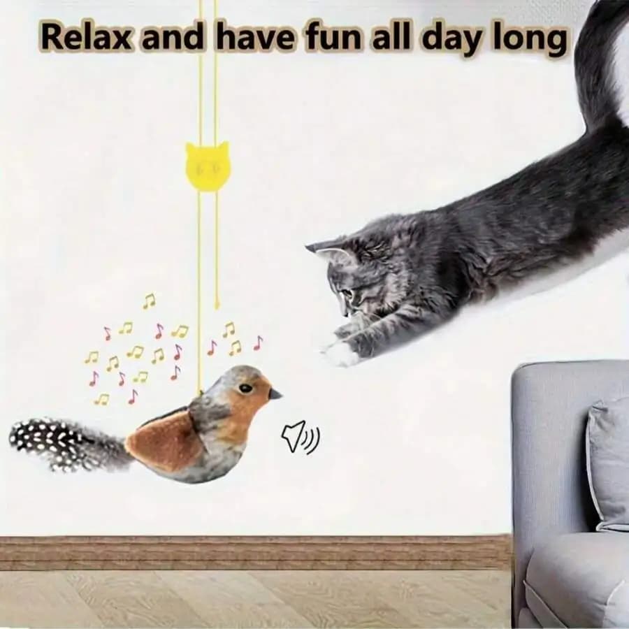 Realistic Chirping Hanging Feather Teaser Wand Cat Toy Self Entertaining Chew Resistant