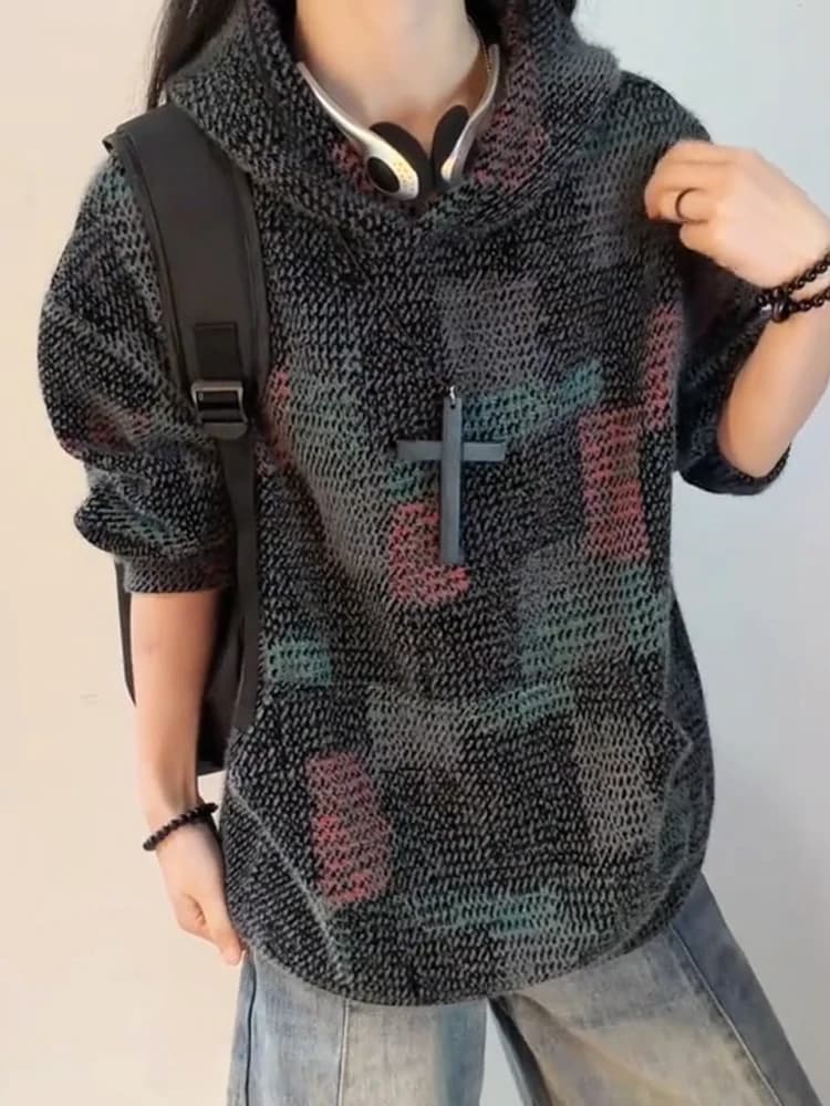 Plaid Heavyweight Hoodie Men's Autumn Winter New Sle American Retro Cleanfit Couple's Clothing Loose Fit Long Sve