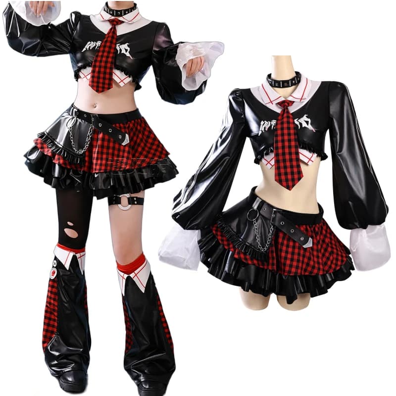 Y2K Women Gothic Punk Rock Outfit Plaid Mini Skirt PU Leather Crop Top Tie Full Set Anime Women Cosplay Idol Costume Halloween