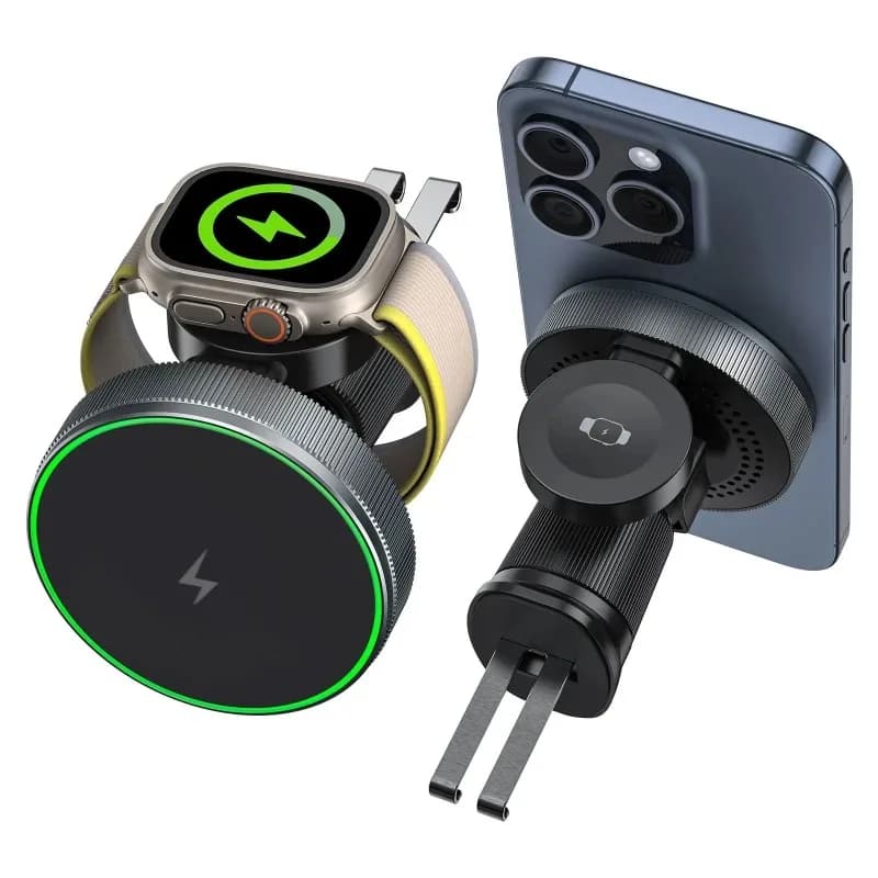 Supporto di ricarica wireless 2 in 1 per auto, compatibile MagSafe, ricarica rapida 15W per iPhone 17 16 15 14 13, Apple Watch, AirPods, supporto per telefono da bocchetta dell'aria