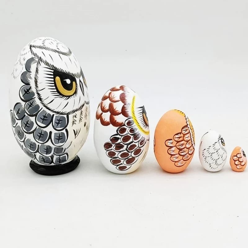 5 Pezzi Gufo in Legno Bambole Nesting Gufo Uovo Russo Ornamento Design Rustico per Pasqua Capodanno Halloween