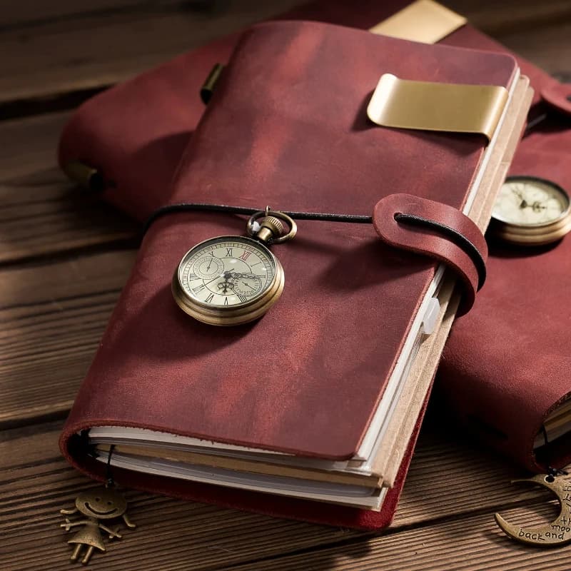 Genuine Leather A5 Loose Leaf Notebook, Vintage Travel Journal Diary, Woodfree Paper Refillable Portable for Trip Office Gift