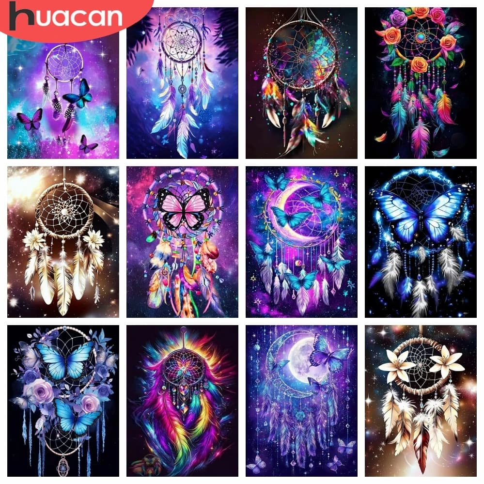 HUACAN Landscape Diamond Mosaic Kits Dreamcatcher Full Square Round Drill Home Decor Butterfly Rose Flower Starry Sky Feather
