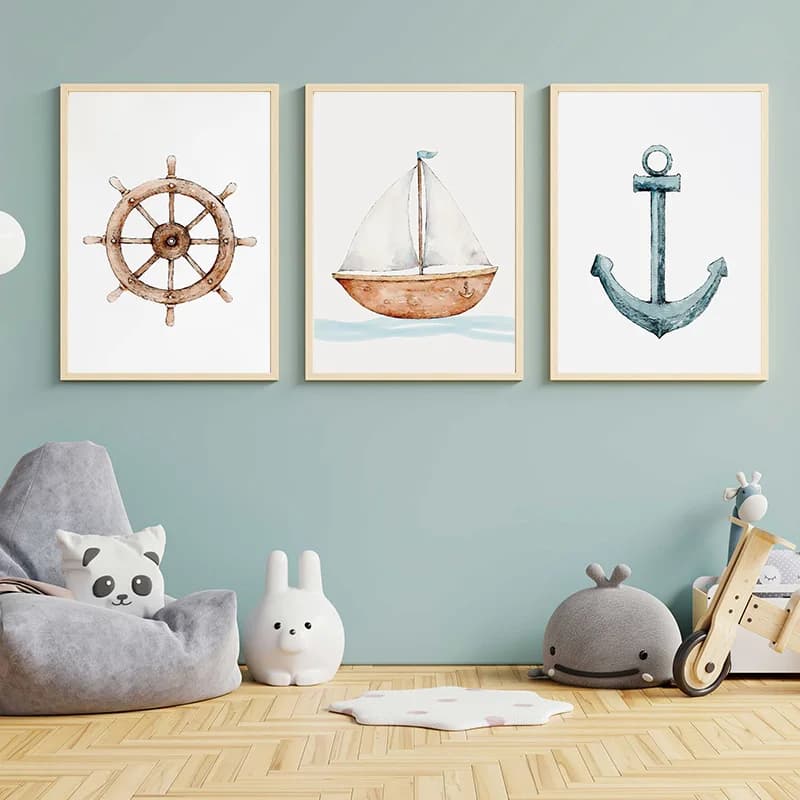 Poster Artistico su Tela in Stile Cartone Animato con Ancora Nautica e Ruota di Timone, Stampa da Parete per Cameretta Bambini, Soggiorno e Arredamento Casa