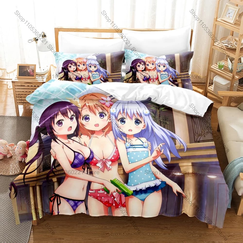 Cool Cute Rabbit Girls Coffee Shop Scene Kawaii Anime Merch 3PCS Bedding Duvet Cover + 2 Pillowcases Home Decoration Anime