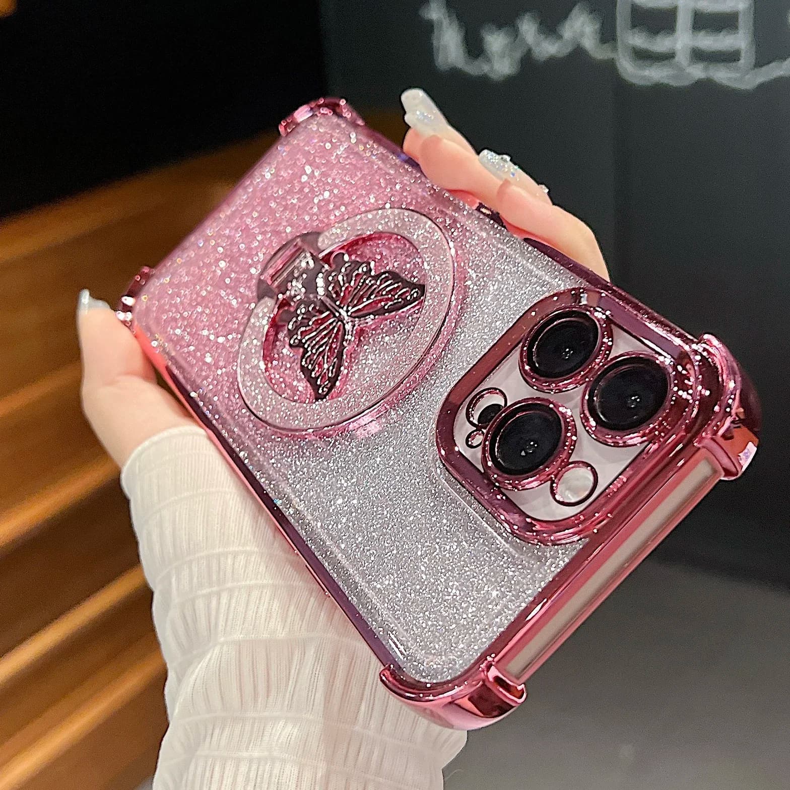 Custodia per telefono con pellicola per lenti con supporto glitter a farfalla di lusso per iPhone 17 16E 11 12 13 14 15 16 Pro Max Plus Cover posteriore anticaduta