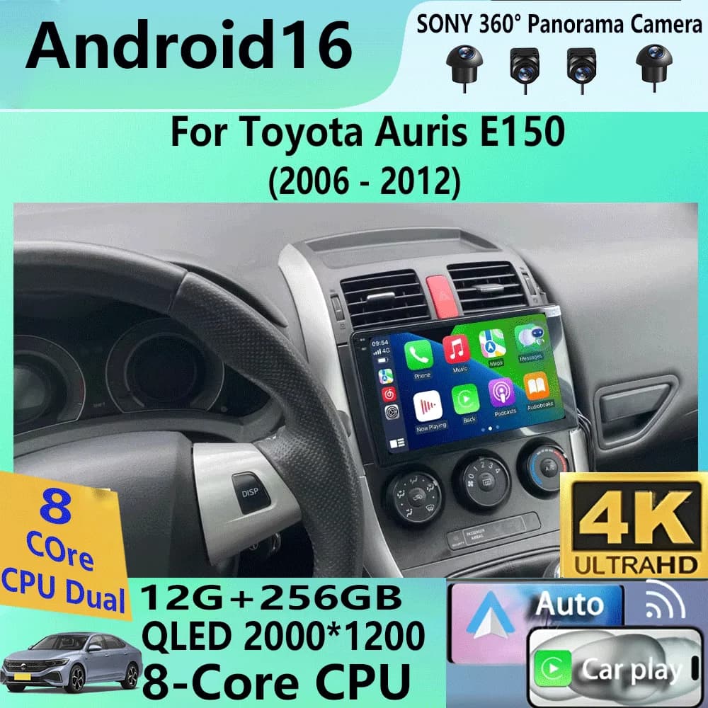 Autoradio Android 16 per Toyota Auris E150 2006-2012, Lettore Multimediale con Carplay, DVD, 2 Din