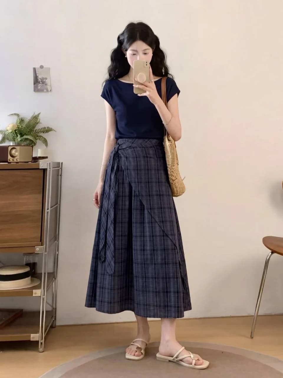 Abito Lungo Blu a Quadri Taglie Forti con Cintura, Vestito Asimmetrico Sottile con Spacco, Abbigliamento Casual da Donna, Gonna a Trapezio