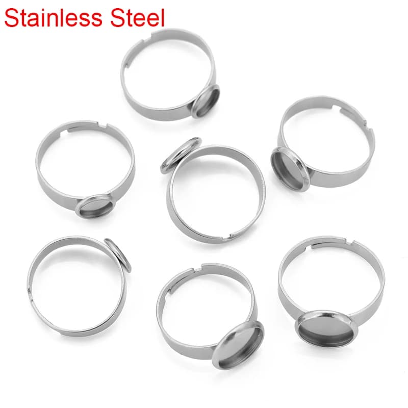 10 pz/lotto Base ad anello vuoto in acciaio inossidabile regolabile 6mm 8mm 10mm 12mm cabochon in vetro impostazioni vassoio per la creazione di gioielli artigianali
