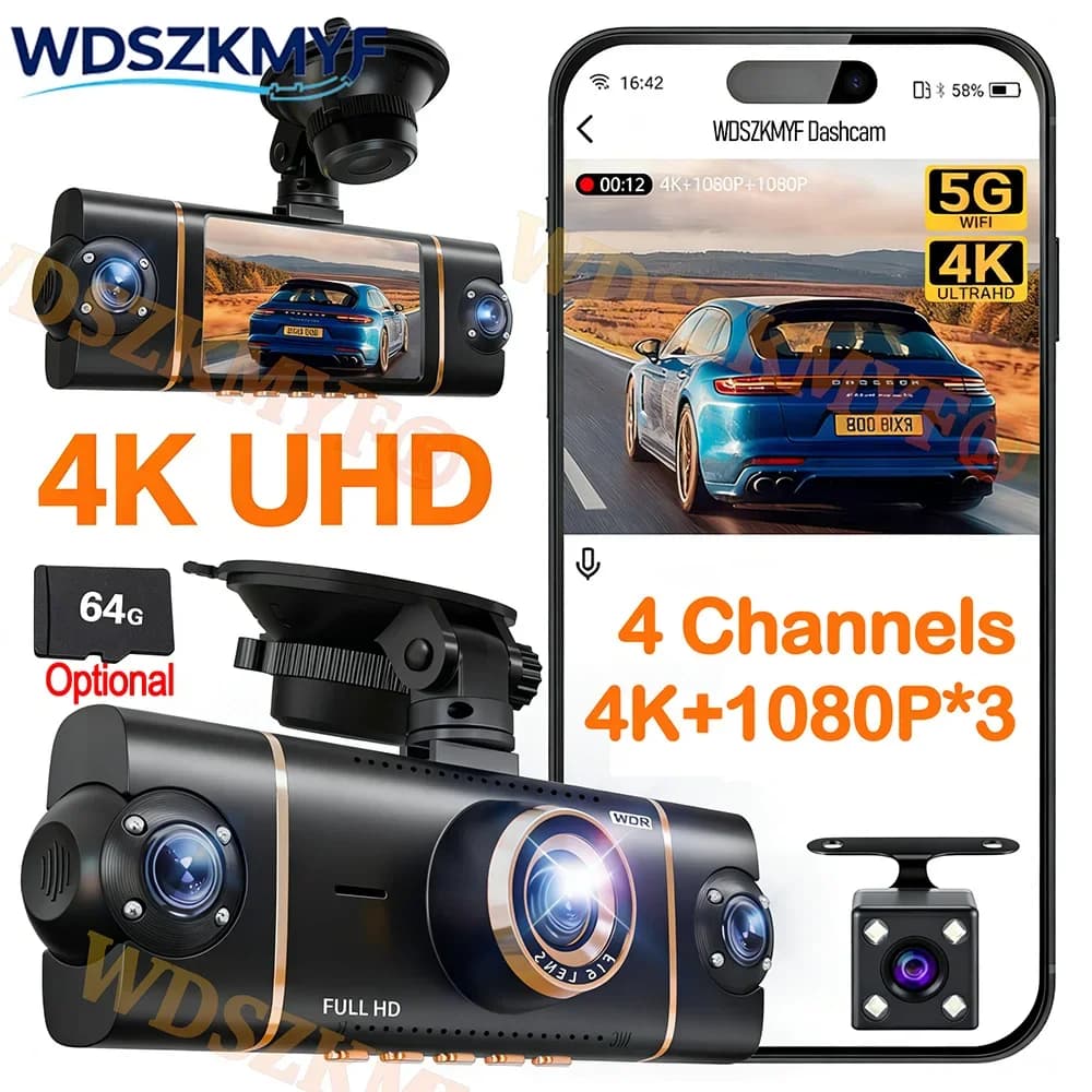 Nuova Telecamera per Auto a Quattro Lenti 360° ° Dashcam WIFI 4K / 1080P con monitoraggio parcheggio 24H, sensore G e visione notturna - Accessorio di sicurezza per auto