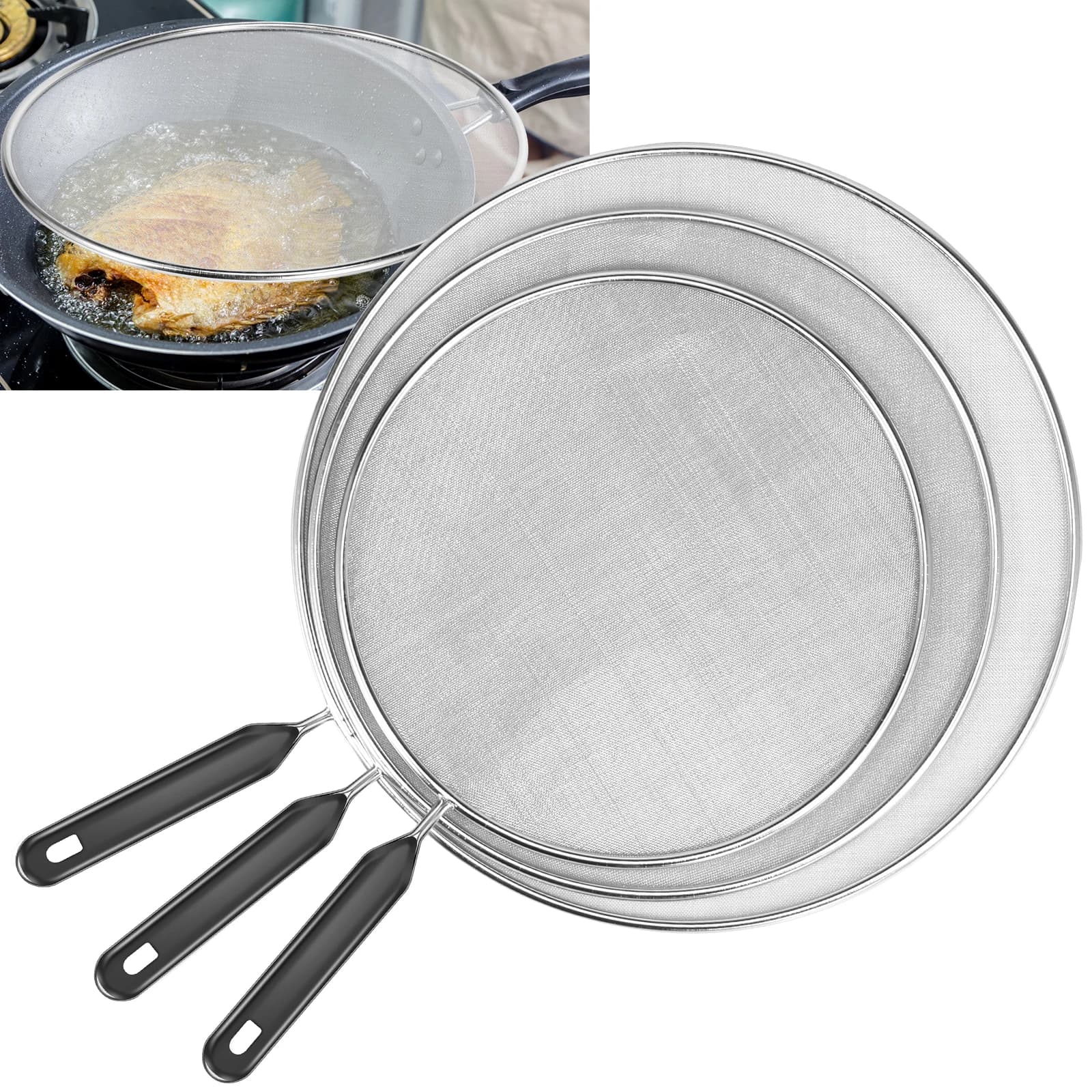 Set di 3 Protezioni Anti-Schizzi in Acciaio Inox per Cucina, Schermo a Rete per Proteggere da Schizzi di Olio e Grasso durante la Frittura
