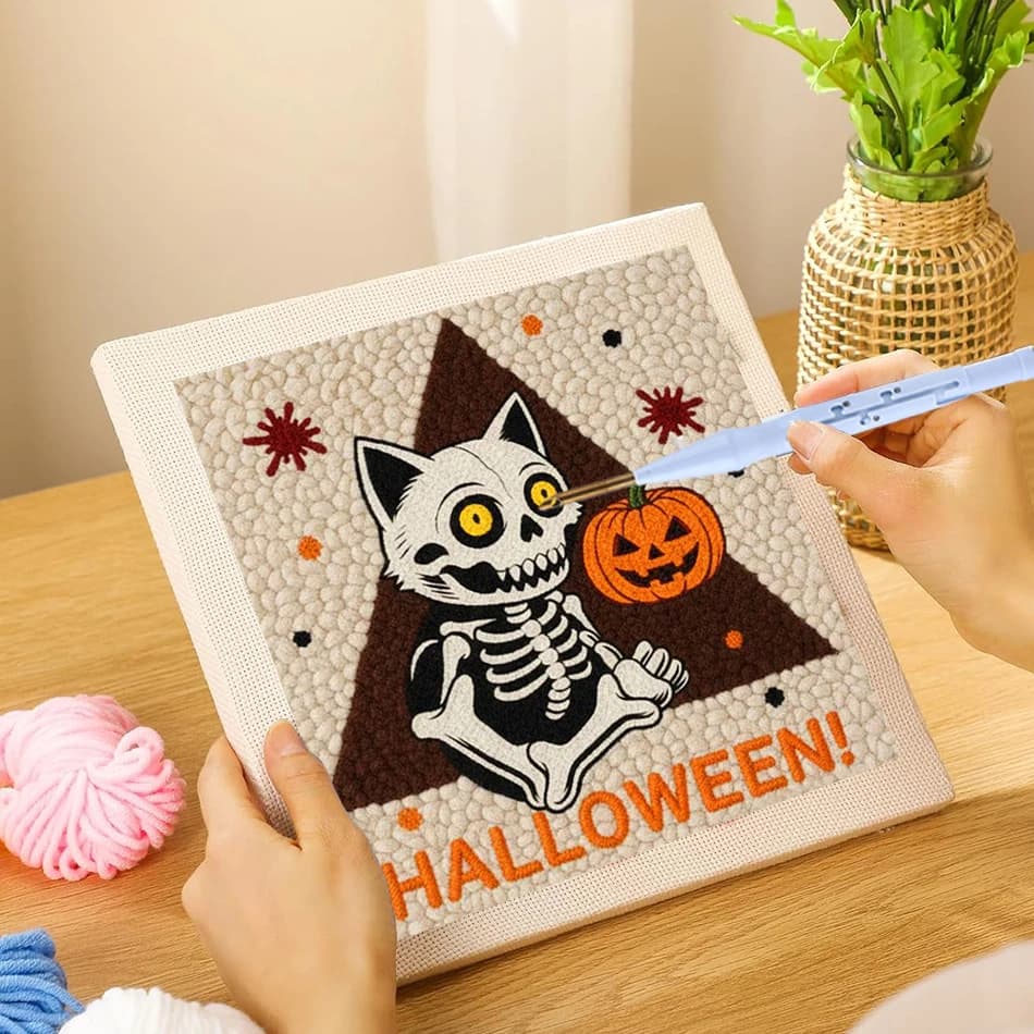 Halloween Skeleton Cat Punch Needle Kit With Embroidery Frame Pumpkin Pattern DIY Handcraft Craft Kit For Adult Beginners Home D