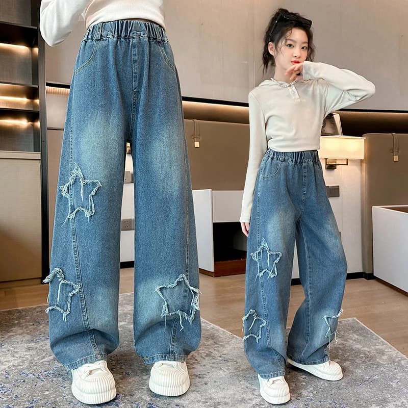 Jeans per Ragazze con Vita Elastica e Patch a Stella, Gamba Larga, Pantaloni in Denim Comodi Primavera Autunno 2026, Pantaloni Carini e Dolci per Bambini