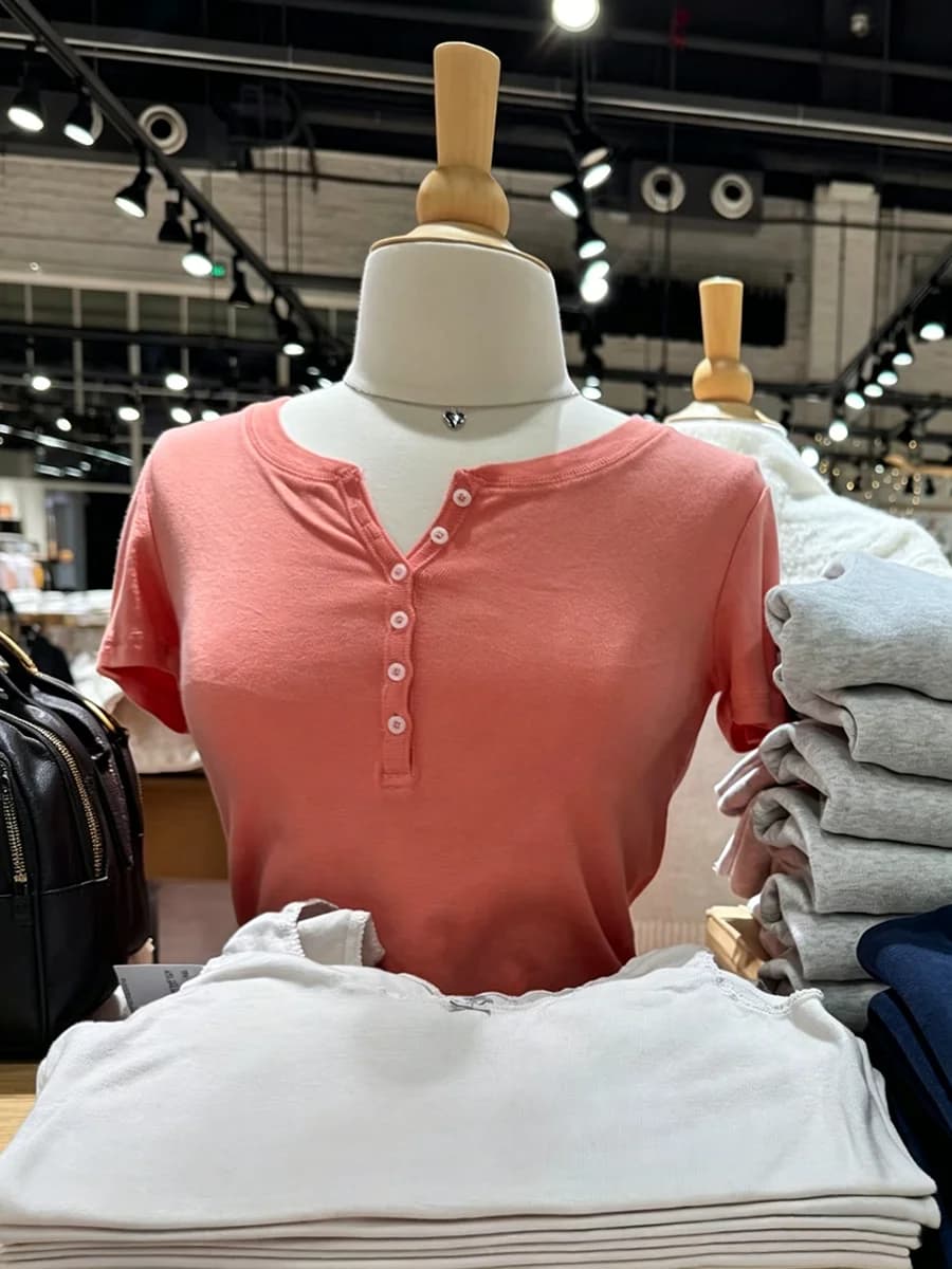 Six Buttons Orange Slim T-shirts Woman Summer O-neck Short Sleeve Cotton Tee Tops Female Casual Simple Solid All-match Tshirts