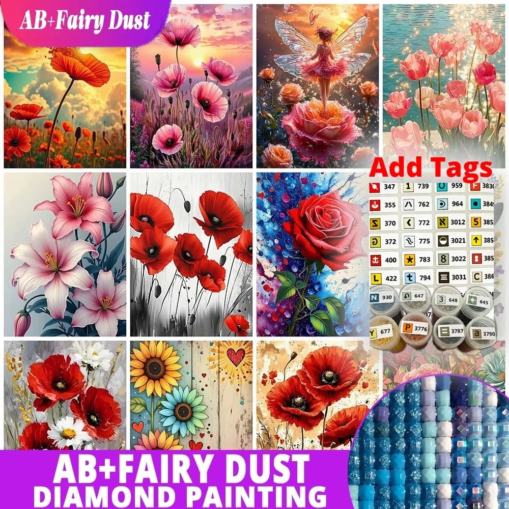 AB Fairy Dust Diamond Mosaic Poppies Flowers Full Square Round Painting Picture Embroidery Craft Kit Wall Decor Gift