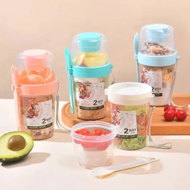 Tazza per insalata portatile Tazza doppia per farina d'avena Yogurt Noce Scatola per frutta e verdura ridotta in grasso Tazza con coperchio Cucchiaio Scatola per il pranzo per la colazione