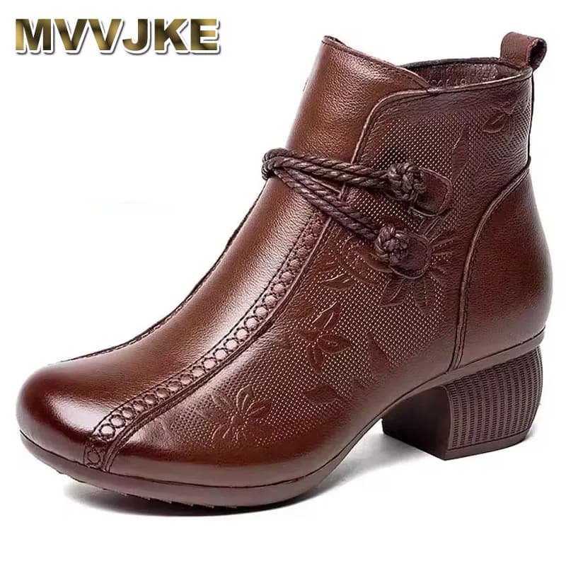 Stivali bossed in vera pelle da 5 cm Stivaletti con tacco grosso ZIP Autunno Inverno Tacco etnico Caviglia Moda donna Scarpe primaverili