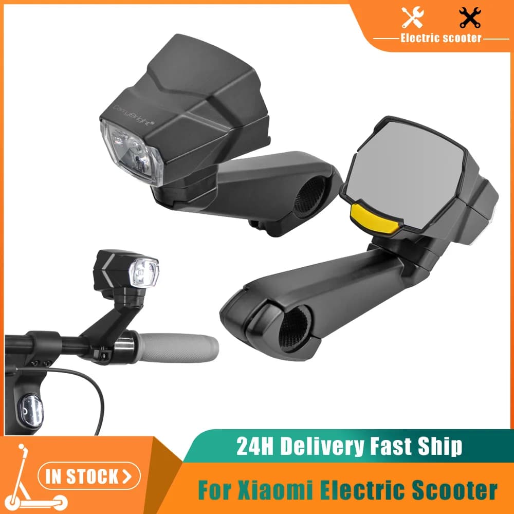 Specchietto Retrovisore Modificato con Faro e Manubrio per Monopattino Elettrico Xiaomi M365 Pro Mi3 Pro2, Torcia LED Ricaricabile USB