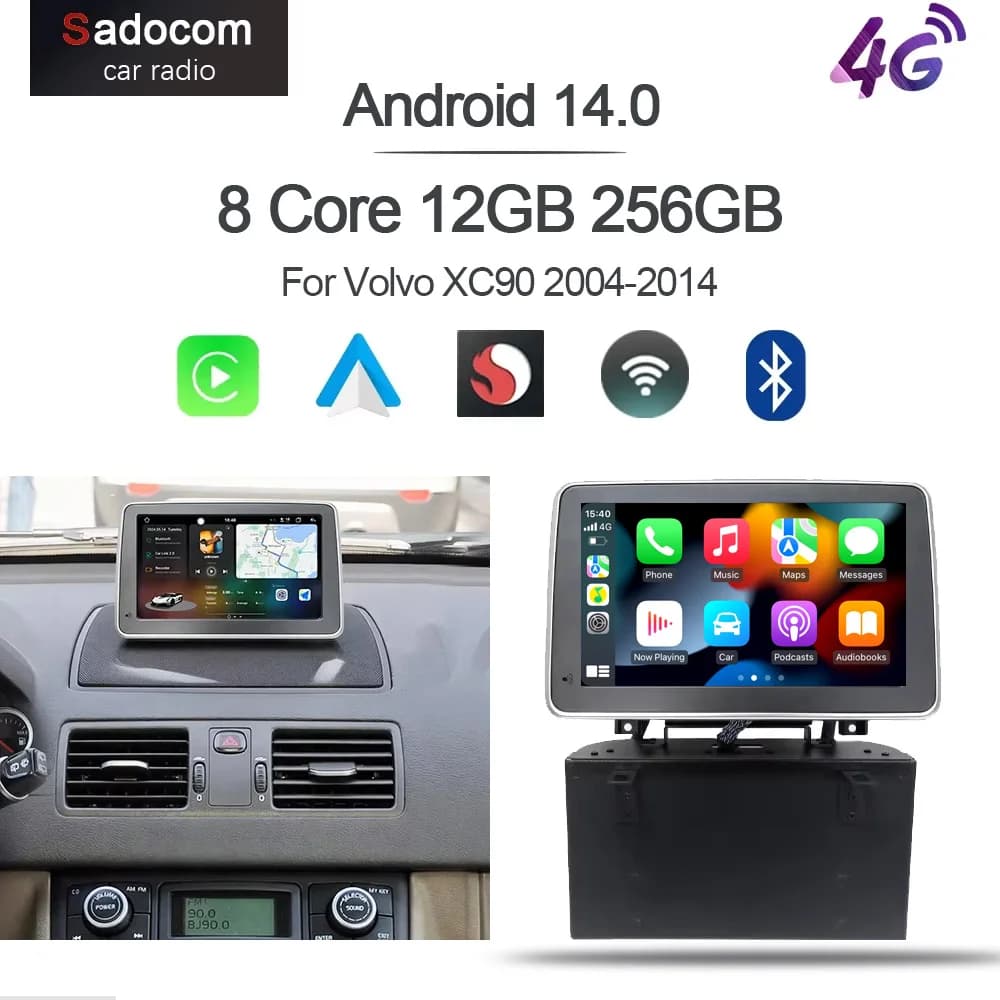Autoradio Android 14 da 8 pollici con Carplay, 12G+256G, 8 Core, GPS, Wi-Fi, Navigazione Multimediale per Volvo XC90 2004-2013